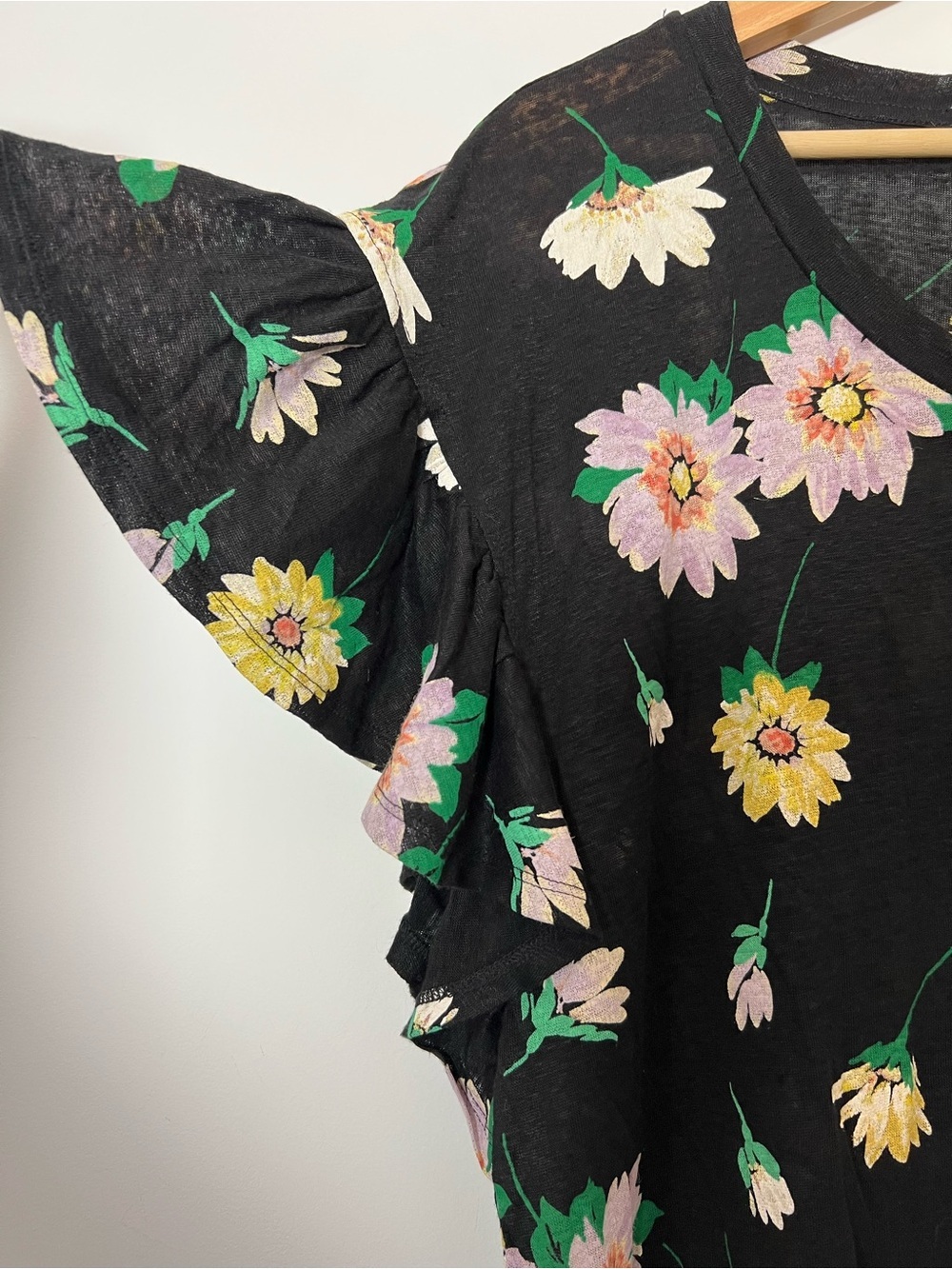 LOFT Black Floral Ruffle Sleeve 100% Linen Tee Spring - Picture 4 of 8